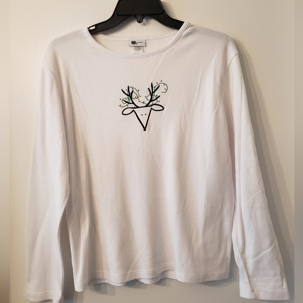 KB & Company brand white long sleeve shirt with embroidered deer design Size L